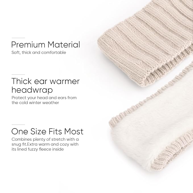 AQOKKA Knit Winter Headbands for Women Fuzzy Wool Fleece Lined Ear Warmers Elastic Turban Crocheted Head Wrap Winter Accessories for Women Cold Weather