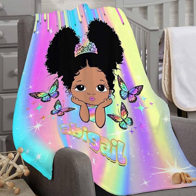 D-Story Custom Blanket with Name Text, Personalized Flannel Throws for Black Girls - Customized Gift for Kids