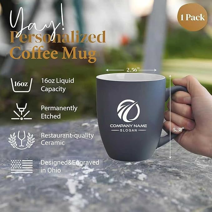 Personalized Coffee Mug Engraved with your Custom Logo - Customized Coffee Mugs, Hot Chocolate Mug, Birthday Gift, Retirement Gift (Engraved Custom Logo, Matte Grey)