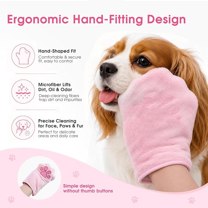 A Pair of Microfiber Reusable Pet Grooming Towel Gloves, Machine-Washable Double-Sided Bath Mitts, Dirt & Odor Removal Cleaner for Dog and Cat Paws & Coat (Pink)
