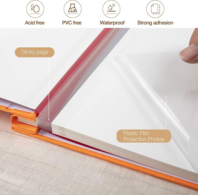 potricher Large Photo Album Self Adhesive 3x5 4x6 5x7 8x10 10x12 Pictures Linen Cover 40 Blank Pages Magnetic DIY Scrapbook Albums with A Metallic Pen (Orange)