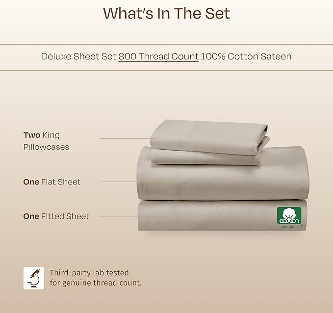 California Design Den Deep Pocket King Sheet Set - Luxury 800 Thread Count Sheets King, 100% Cotton Sateen Bedding Set - Beige