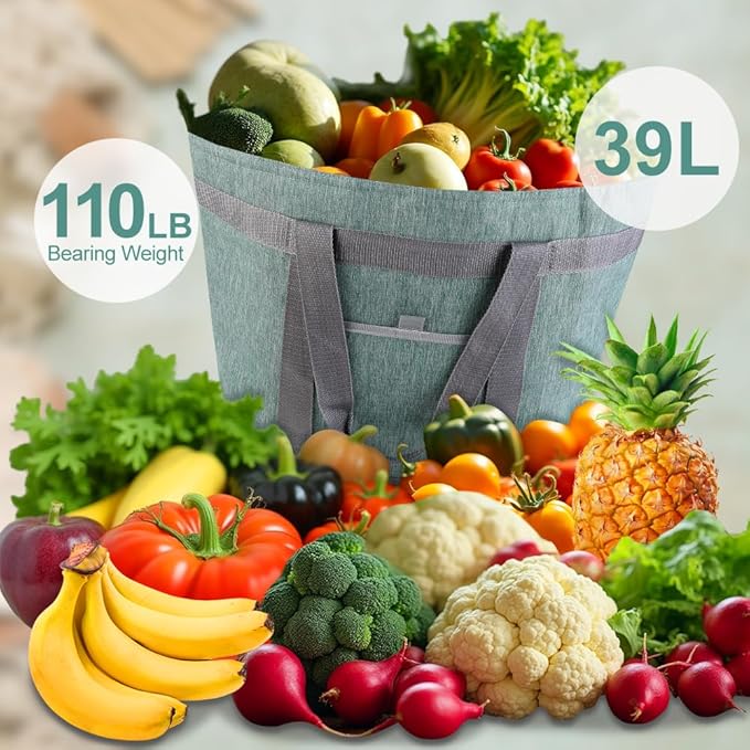 mosago Insulated Food Delivery Bag, 4-Layer Thermal Cooler Bag for Travel & Picnic, Large 39L Grocery Tote for Women/Men, Leak-Resistant Commercial Catering Bag for Pizza & Hot/Cold Food, Green