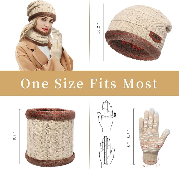 MAYLISACC Winter Knit Beanie Hat Neck Warmer Scarf and Touch Screen Gloves Set 3 Pcs Fleece Lined Skull Cap for Men Women