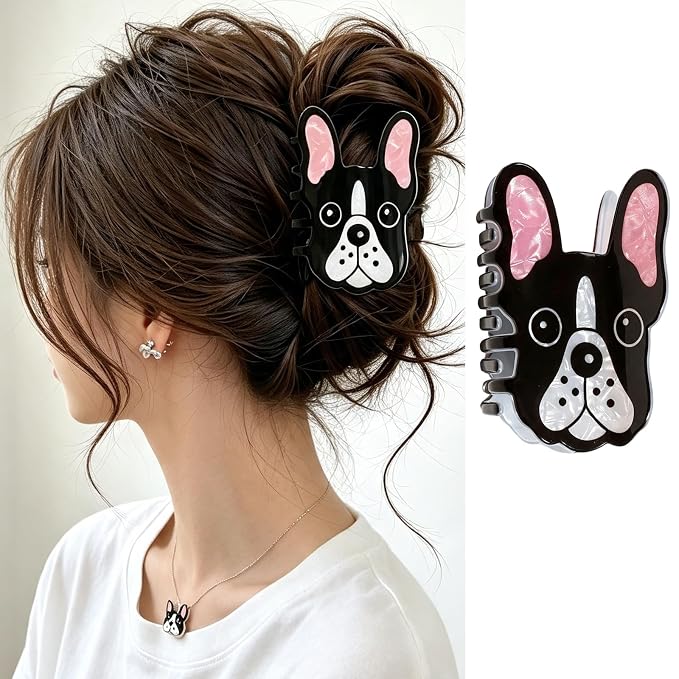 Cute French Bulldog Hair Claw Clips Dog Hair Clips Acrylic Hair Barrettes | Black White Puppy Hair Jaw Clips Animal Hair Accessories Strong Hold Nonslip Grip Clips for Women Daily Holiday Party Styling