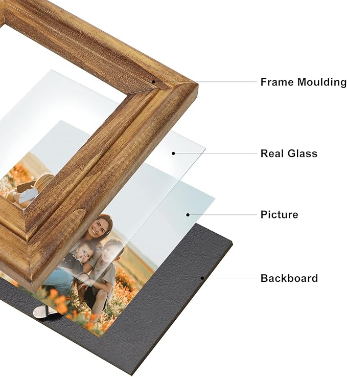 Horizontal 5X7 Picture Frames Double Hinged Wood Folding Photo Frames with Real Glass Front Fit for Desktop or Tabletop Display Pictures 4x6 with Mat or 5x7 Without Mat, Wood Grain XZON-H75X2