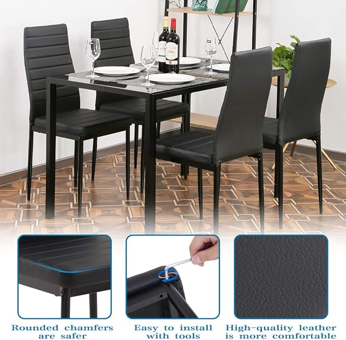 FDW | 5-Piece Dining Table Set | Black | Glass Kitchen Table with 4 Upholstered Chairs and Faux Leather Cushions | Space-Saving and Modern Design | for Dining Room, Easy to Assemble
