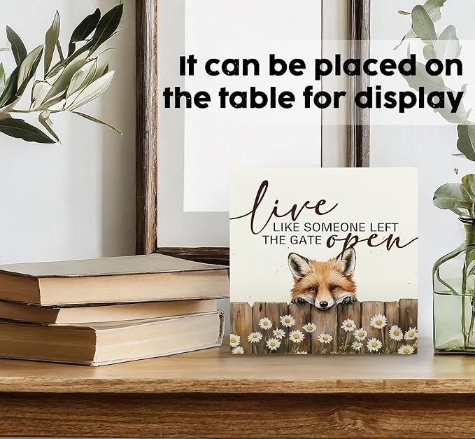 Fox Wooden Box Sign - Rustic Farmhouse Live Like Someone Left the Gate Open Signs for Home Decor,Farm Cottagecore Animal Office Kitchen Bedroom Decor,Fox Gifts for Women Men, 8x8