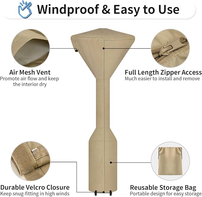 OutdoorLines Waterproof Outdoor Patio Heater Covers with Zipper and Storage Bag, Dust-proof UV-Resistant Windproof Propane Heavy Duty Heater Cover for Standing Heater, 2 Packs-95Hx34Dx19B inch Camel