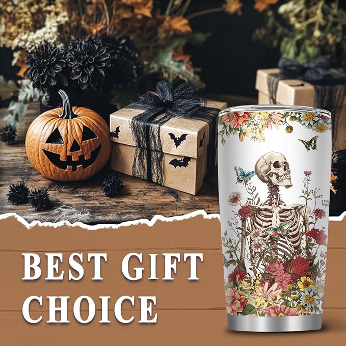 Skull Tumbler, Horror Gifts for Skull Lover Men Women, 20 Oz Horror Wicked Spooky Flower Travel Coffee Tumbler Cup with Straw & Brush, Christmas Birthday Thanksgiving Gifts, 1 PCS