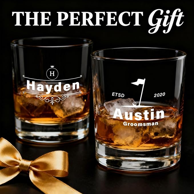 Personalized Engraving Whiskey Glass with Name, Customized Etched Monogram Rocks Cocktail Glasses for Him Husband Groomsmen, Bourbon Brandy shot Mug, Gifts for Wedding, Christmas, Birthday