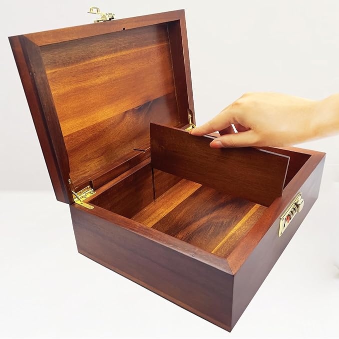 Large Wood Box Decorative Acacia Wooden Storage Box with Combination Lock With Adjustable Divider Wooden Keepsake Box with Hinged Lid Chest Stash Boxes Decorative Lockable Chest Box(Secret Grid)