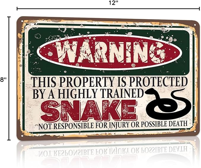 Vintage Snake Metal Sign Wall decor | Warning this property is protected by a highly trained Snake Sign Funny Tin Signs 12x8 Inch