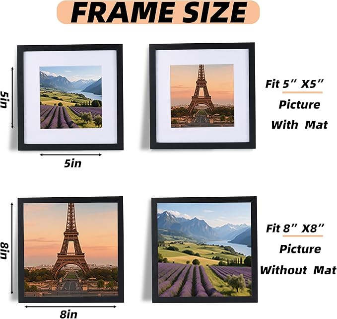 6 Pcs 8x8 Black Picture Frame - Display Pictures 5x5 with Mat or 8 x 8 without Mat - Black Wood Picture Frames for Wall Mounting - Wooden Photo Frame for 8 8 Matted to 5x5 Print Set of 6