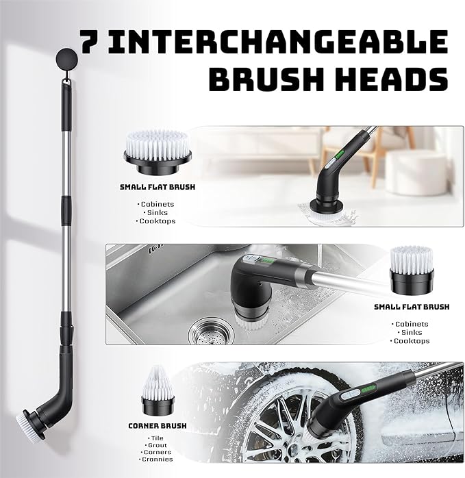 Electric Spin Scrubber, Powerful 2-Speed Cleaning Brush, IPX7 Waterproof with 7 Reusable Brush Heads & Extendable Handle, for Bathroom Toilet Shower Kitchen Wall Tile Floor Grout (Black)