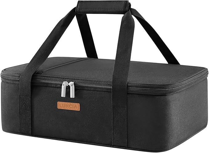LUNCIA Insulated Single Decker Casserole Carrier, Lasagna Lugger Tote Keeps Food Hot or Cold, Thermal Lunch Bag for Potluck Parties, Picnic and Cookouts, Fits 9" x 13" Baking Dish, Black