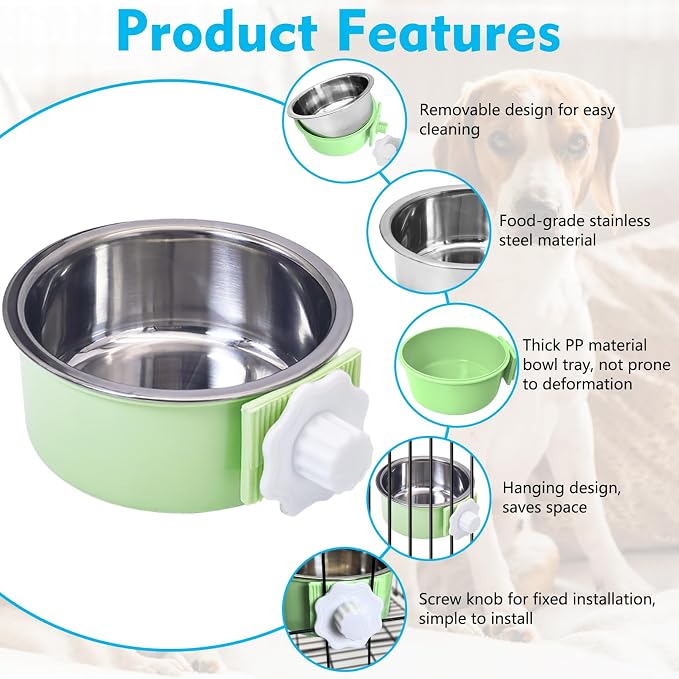kathson Crate Dog Bowl, Removable Stainless Steel Hanging Pet Cage Bowl Food & Water Feeder Coop Cup for Cat, Puppy, Birds, Rats, Guinea Pigs (4 PCS, Size: L, 2×Blue,1×Pink,1×Green)
