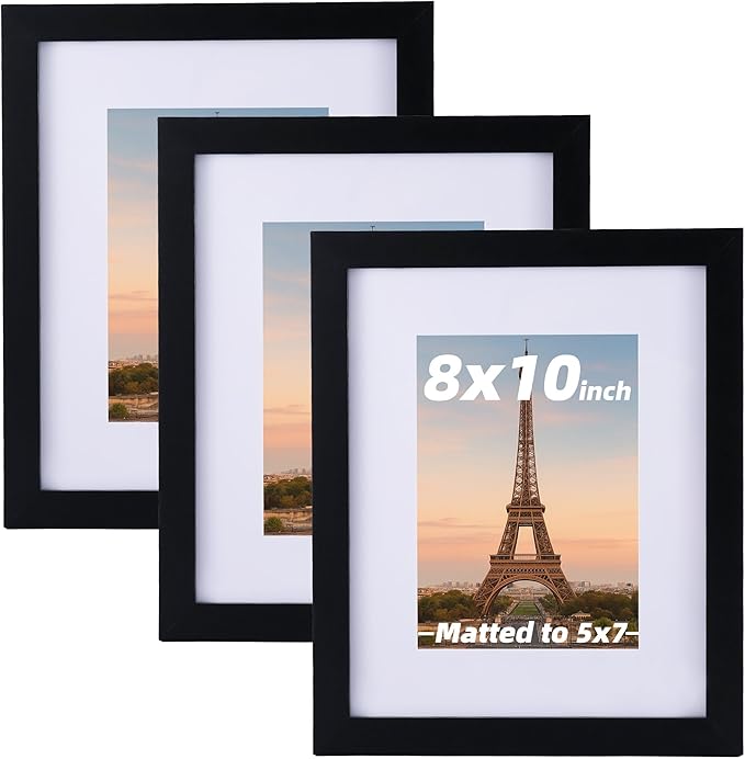 3 Pcs 8x10 Black Picture Frame - Display Pictures 5x7 with Mat or 8 x 10 without Mat - Black Wood Picture Frames for Wall Mounting - Wooden Photo Frame for 8 10 Matted to 5x7 Print Set of 3