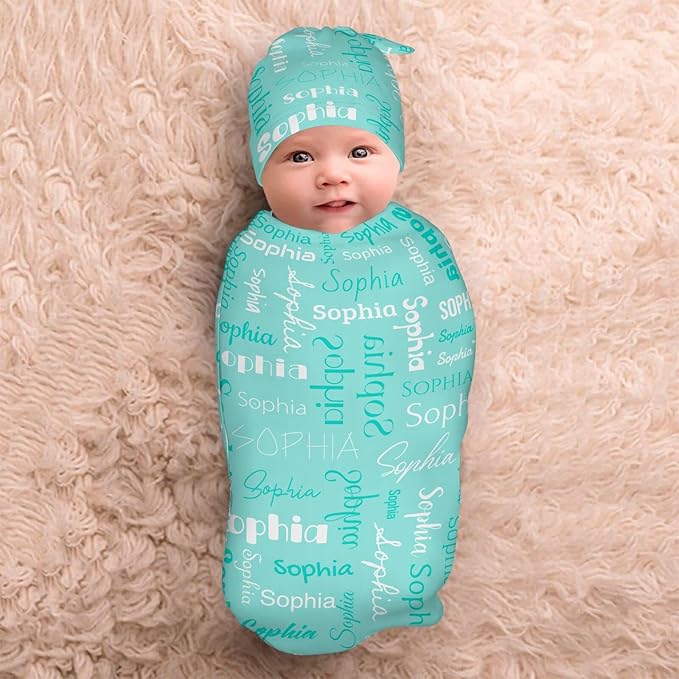 Personalized Baby Swaddle Blanket for Boys Girls Name Lettering Mint Green Custom Name Receiving Soft Blanket with Cap for Newborn Soft Sleeping Sack