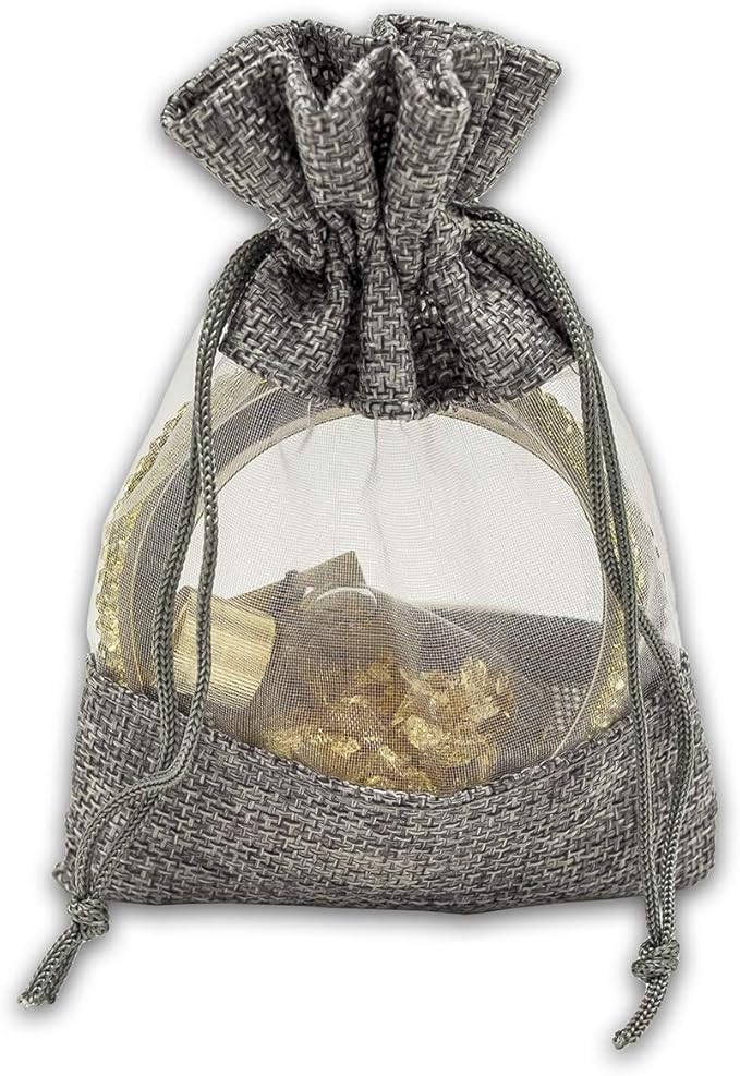 12-Pack Small Linen Burlap & Organza Gift Bags w. Drawstrings (3.5x5.5 in, Gray) - Party Favors, Presents, Samples & Treats Mesh Pouch by The Display Guys