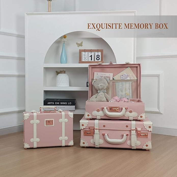 Unitravel Baby Keepsake Case, Handmade Memory Storage Box, Newborn Keepsake Box, Vintage Suitcase for Baby Shower, Baptism, Naming Ceremony or Birthday