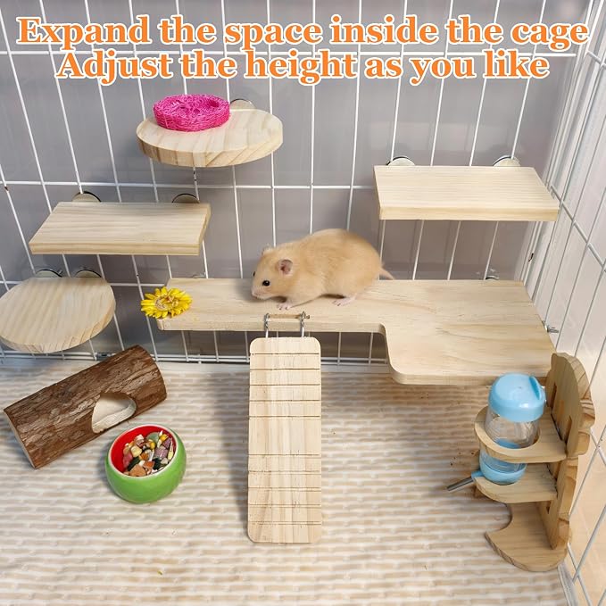 Hamster Cage Platform L-Shaped Wooden Hamster Cage Accessories Rat Climbing Toys Ledge with Ladder for Sugar Glider Mice Mouse Chinchilla Squirrel (L)
