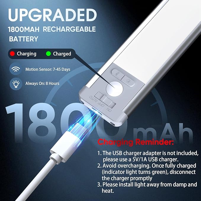 10inch Under Cabinet Lighting with 3 Color Temps, 2 Pack Rechargeable Motion Sensor Light Indoor, 5 Levels Dimmable Magnetic Closet Lights, Wireless Under Counter Lights for Kitchen, Stairs