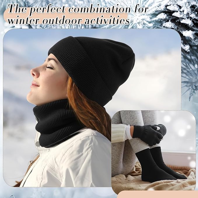 SATINIOR 5 Pcs Winter Satin Lined Hat Scarf Gloves Set Knit Pompom Beanie Warm Touchscreen Glove Earmuff Ear Warmer for Women