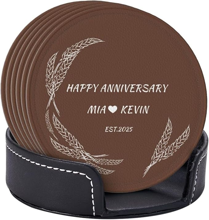 Customized Coasters Set of 6, Custom Brown PU Coasters with Name and Year 2025, Customize Coaster Set for Couples, Housewarming Gift for Couples New Home, Leather Coaster for Anniversary