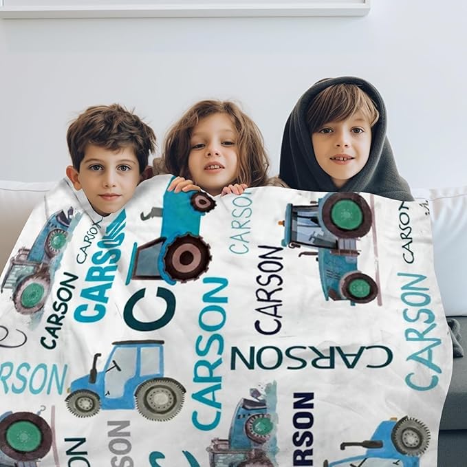 Personalized Tractors Blanket - Custom Name with Farm Tractor Trucks Design - Soft Plush Flannel Bed Blanket for Baby Kid Teen Boys Girls Customized Gifts White & Blue
