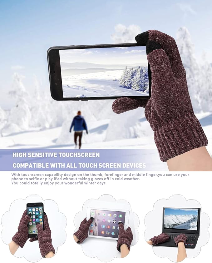Womens Winter Knit Warm Hat Beanie Long Scarf Touch Screen Gloves Set Skull Caps Neck Scarves for Women