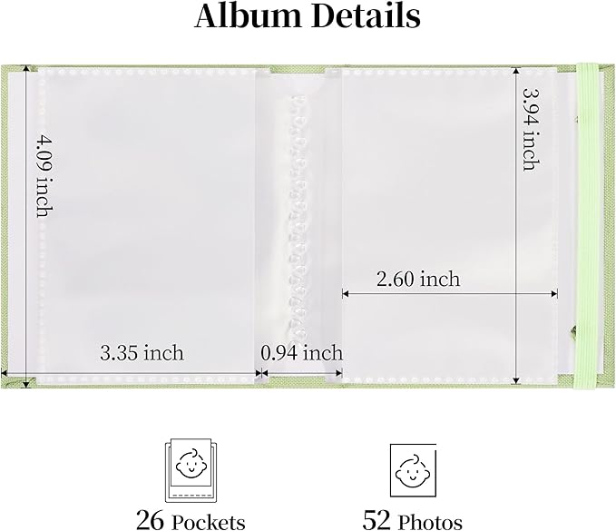 Vienrose Polaroid Photo Album Binding Cloth Photo Book for Instax Fuji 2 x3 Inch Photo Fits Fujifilm Mini 12 11 9 Snap PIC-300 52 Pockets 1 Pack, Grass Green