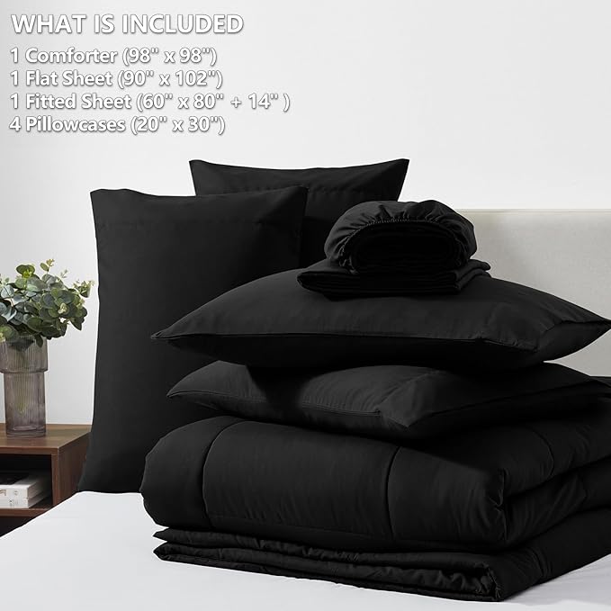 CozyLux Oversized Queen Comforter Sets Black, 7 Pieces Bed in a Bag, Ultra-Soft All Season Bedding Sets with Stitch Quilted Comforter, Flat Sheet, Fitted Sheet, Pillowcases, Black