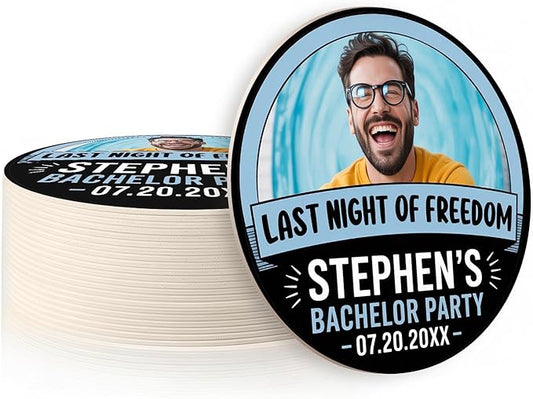 20 Pack Personalized Bachelor Party Coasters, Custom Cardboard Drink Coasters with Photo Print and Text, Fun Bachelor Party Favors and Gifts, 3.95" Round, Design 3