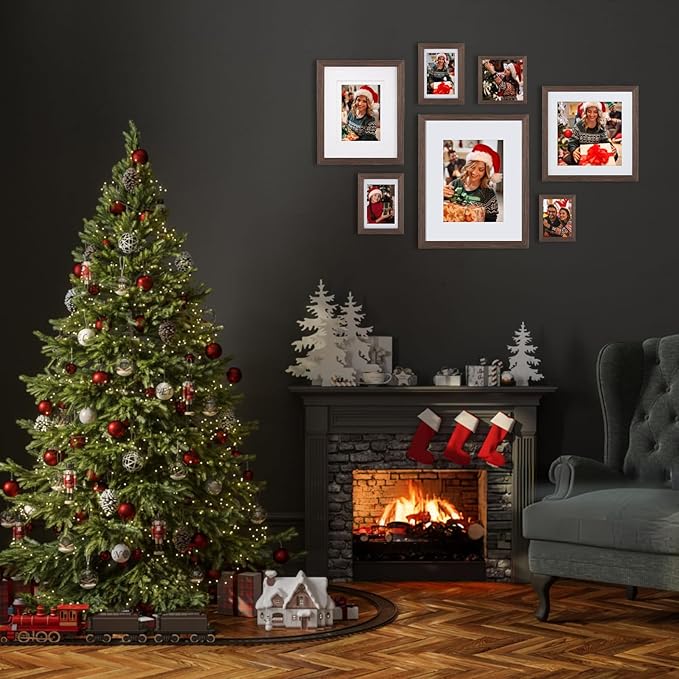 Egofine 9x12 Picture Frames Set of 4, Made of Solid Wood Covered by Plexiglass 5x7 and 6x8 with Mat or 9x12 without Mat, for Table Top Display and Wall Mounting Photo Frame Brown