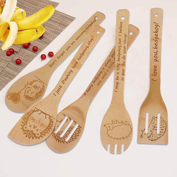 5PCS Hedgehog Wooden Cooking Spoons Set Bamboo Cooking Spoons | Hedgehog Kitchen Decor Housewarming Wedding Anniversary Thanksgiving Christmas for Mom Women Animal Lovers