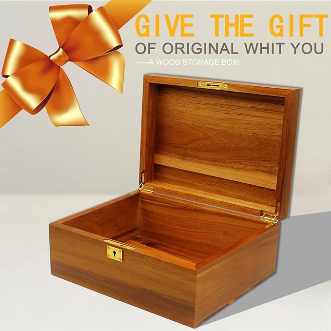 Wooden Box Decorative Large Acacia Wooden Storage Box with Hinged Lid and Locking Key Premium Keepsake Stash Box Lockable Chest for Keepsakes, Valuables, Accessories, Treasured Items(Lock No Grid)