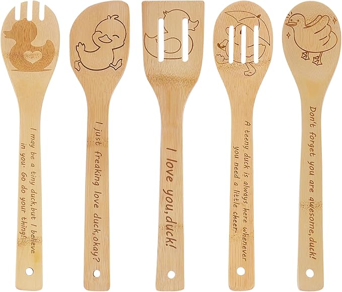5PCS Duck Wooden Cooking Spoons Kitchen Decor Duck Gifts for Women Men Duck Lovers Birthday Gifts Party Favors Housewarming Wedding Bamboo Cooking Spoons for Everyday Use