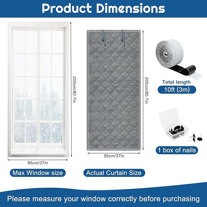 Window Insulation kit, 3-Layer Cotton Thermal Insulated Window Cover 47 Inch x 63 Inch Oxford Winter Window Covering Velcro Insulation Curtain for Cold Weather to Keep Warm (37inch X 80inch)
