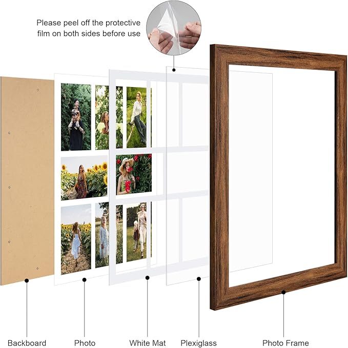 13x17 Picture Frame Display 8 opening 4X6 Picture Frame Collage,Multi Photo Frame with Mat,Plexiglass,Wall or Tabletop Decor,Carbonized Brown Wood Grain