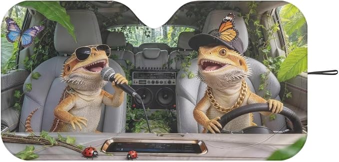 Funny Windshield Sun Shade Foldable Bearded Dragons Car Front Window Sun Shade Universal Fits for Most Cars SUV Block UV Rays Reflective Sun Blocker Car Interior Accessories