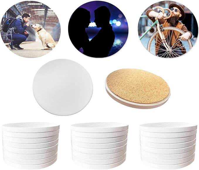 Sublimation Ceramic Coasters,Sublimation Blanks Bulk Round Drinks Coffee Cup Beverage Table Coaster, Absorbent Ceramic Heat Transfer Cup Coaster Set for Painting Home Decor with Cork (24 PCS)