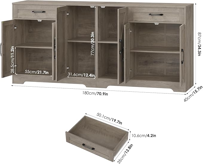 BOTLOG 71” Large Sideboard Buffet Cabinet with Storage, Farmhouse Kitchen Buffet Cabinet with Adjustable Shelves and 6 Barn Doors, Wood Coffee Wine Bar Console Table, White, Ash Grey (Ash Grey)