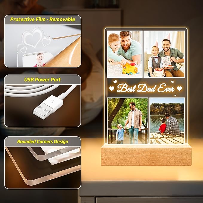 Best Dad Ever Gifts, Custom Collage Picture Frames with Night Light, Personalized Photo Frame, Customized Picture Frame with Photo, Personalized Christmas Birthday Gifts for Dad Baby Kids Family