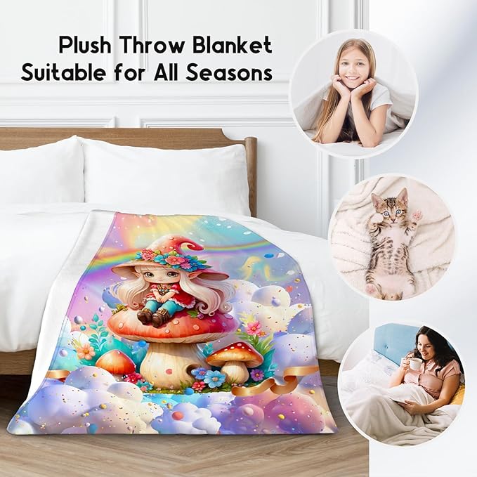 Girls Blankets Mushroom Gifts - 60x80 Inches Cozy Soft Flannel Throw for Couch, Bedroom