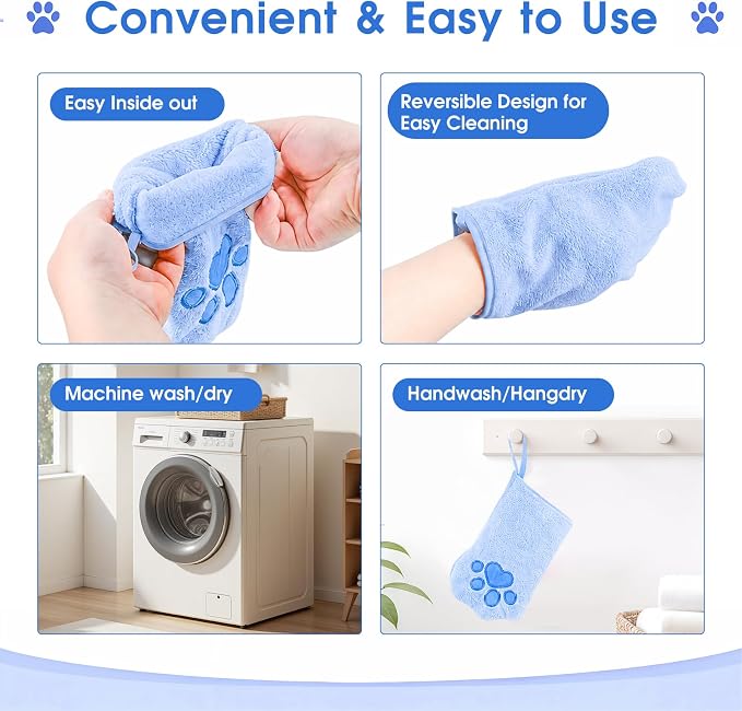A Pair of Microfiber Reusable Pet Grooming Towel Gloves, Machine-Washable Double-Sided Bath Mitts, Dirt & Odor Removal Cleaner for Dog and Cat Paws & Coat (Blue)