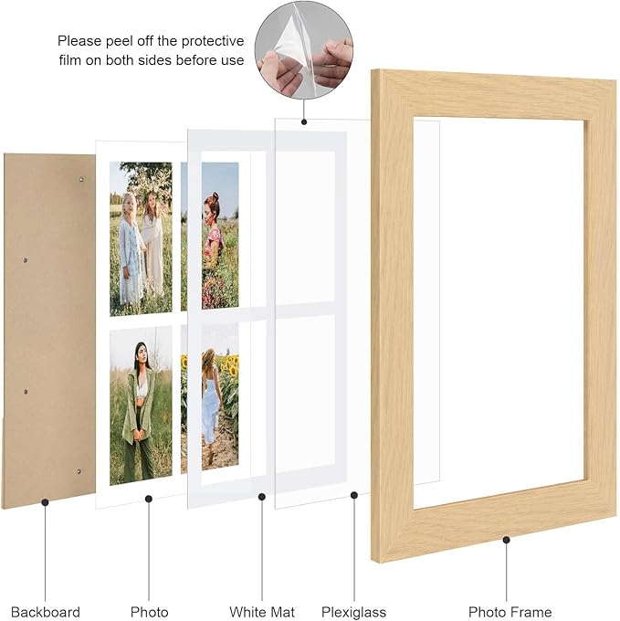 9x13 Picture Frame Display 4 opening 4X6 Picture Frame Collage,Multi Photo Frame with Mat,Plexiglass,Wall or Tabletop Decor,Natural Wood Grain