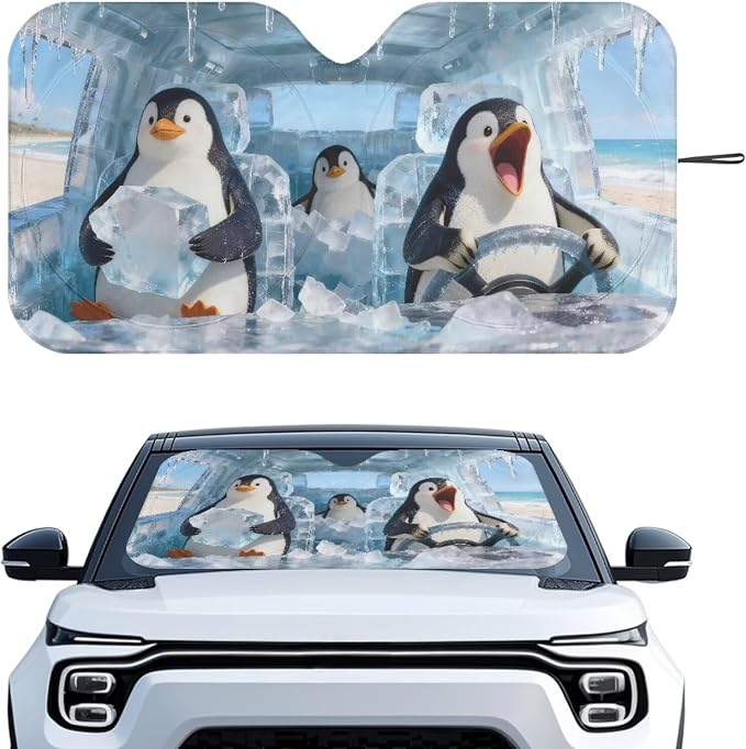 Cute Penguins Car Windshield Sun Shade Fit Front Window Foldable Funny Automotive Interior Accessories for Protection Auto Sun Heat and UV Rays Blocker Universal