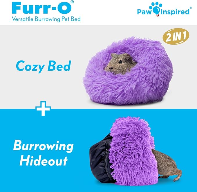 Paw Inspired Furr-O Burrowing Pet Bed Enrichment, Removable Base, Purple | Cozy Carrier Toy, Zip-On Spandex and Fleece Bottoms, Hideout Cage Accessories for Guinea Pigs, Hamsters, Small Pets, Animals