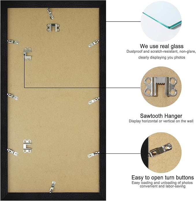 10x20 Picture Frame Set of 2, Rustic Black Wood Frame with Real Glass Collage Frame, Display Pictures Three 5x7 With Mat or 10 x 20 Without Mat - Horizontal or Vertical Wall Mounting